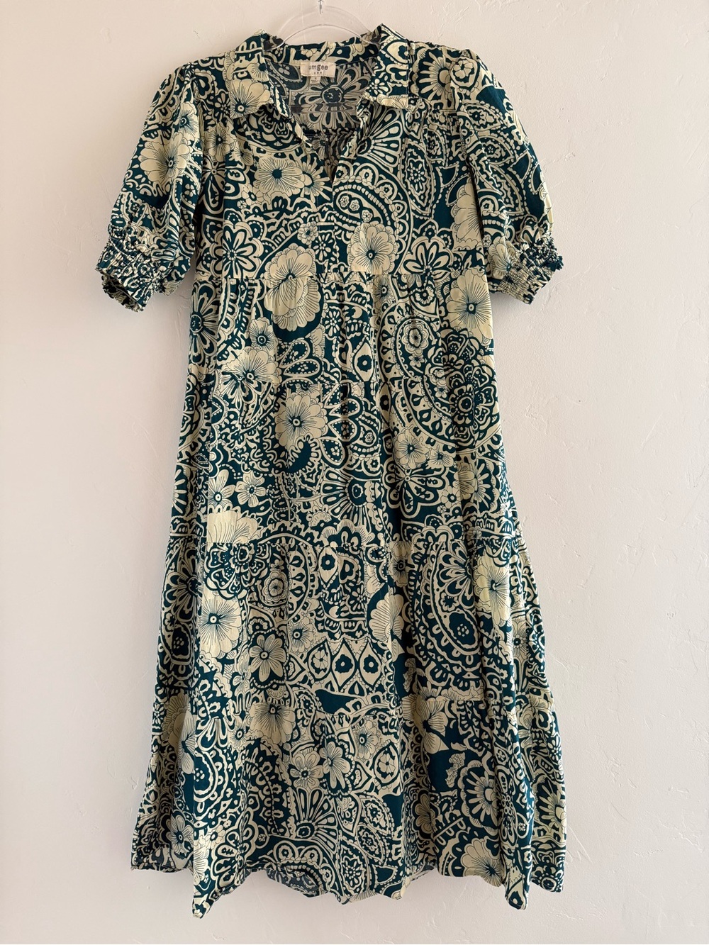 Umgee Green Floral Paisley Cotton Midi Dress Boho Tiered Peasant Small